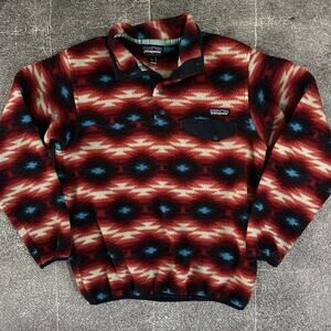 Women's Patagonia Red Blue Tribal Aztec Print Snap T Fleece Bomber Jacket Sz S